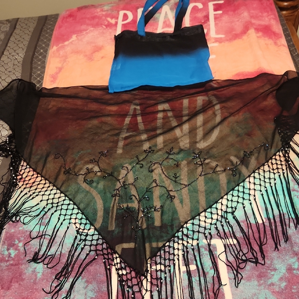 Black Fringed Shawl / Cover Up - One Size